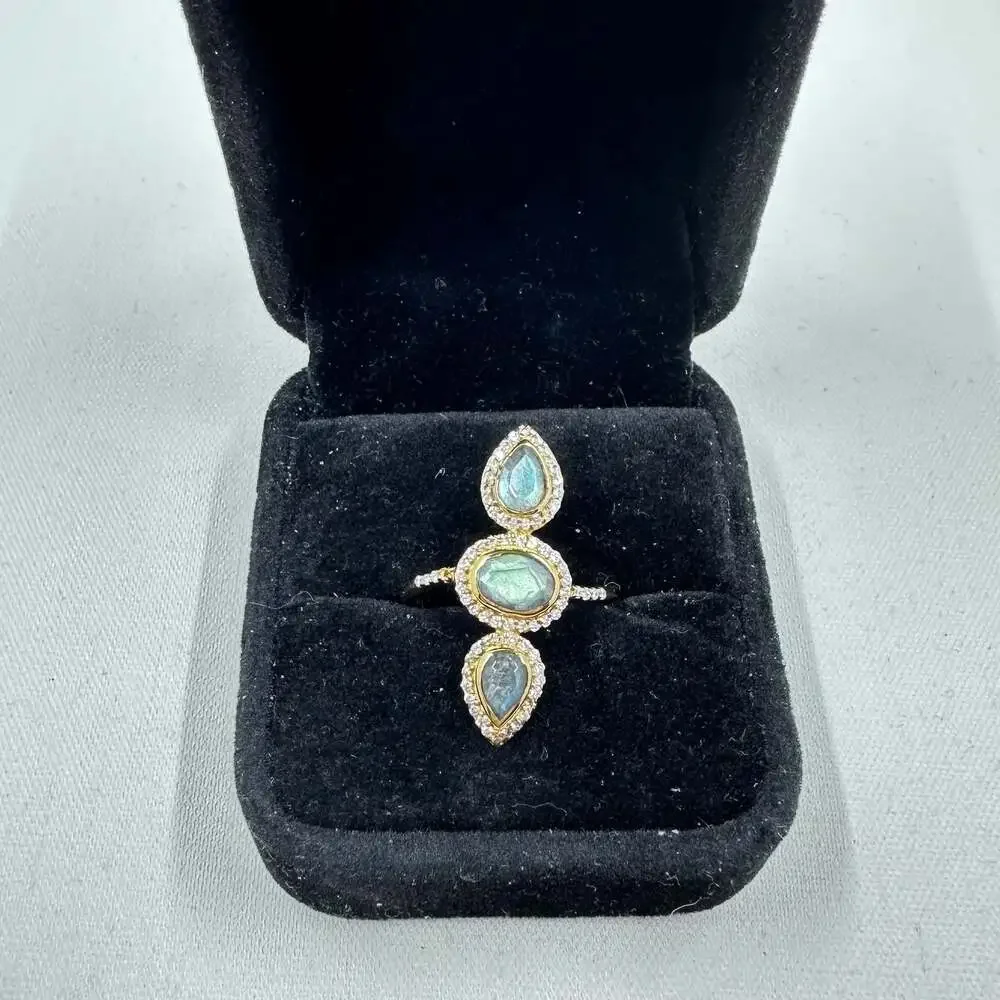 925 Gold Vermeil Labradorite 3-Stone Statement Ring Size 8.5